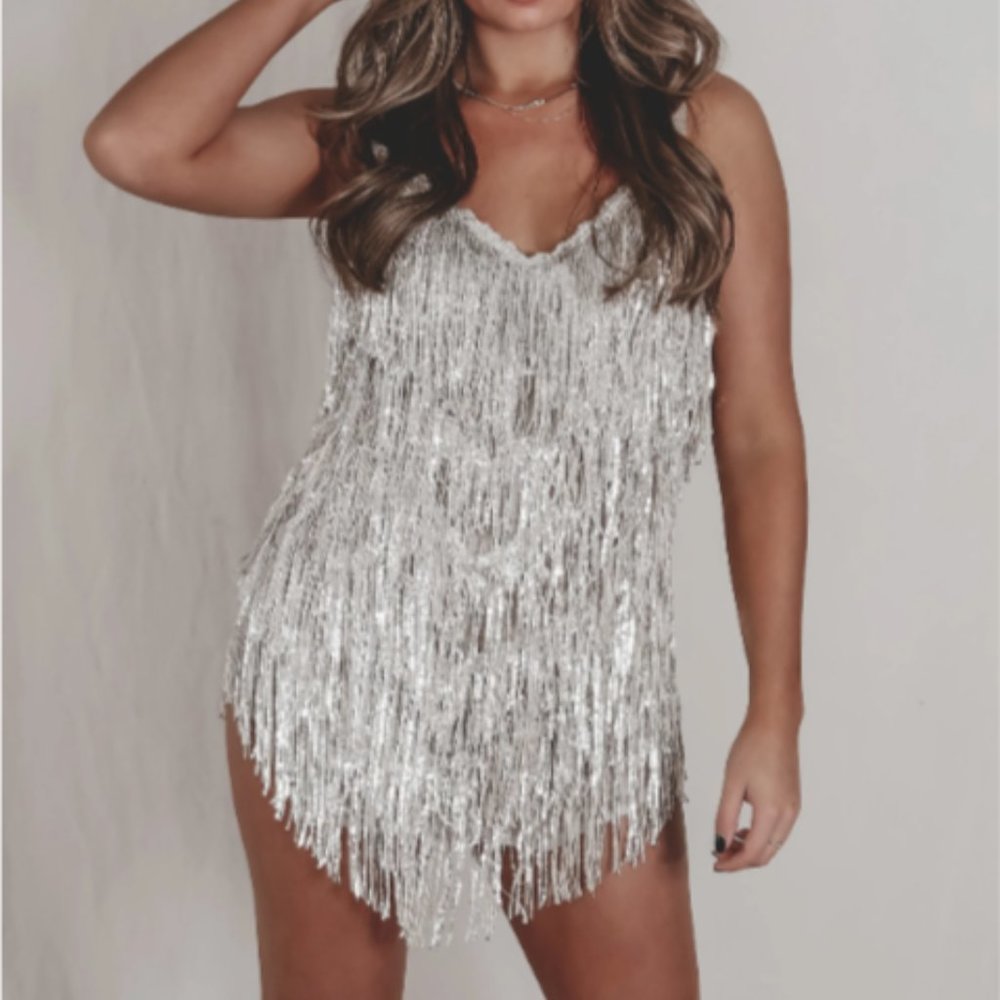 Amazing Lace Shake It My Way Short Fringe Mini Dress Nude Silver